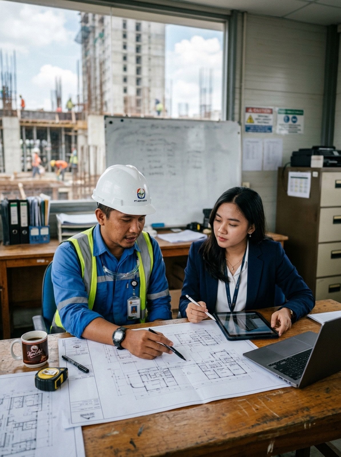 Engineer and designer reviewing architectural blueprints