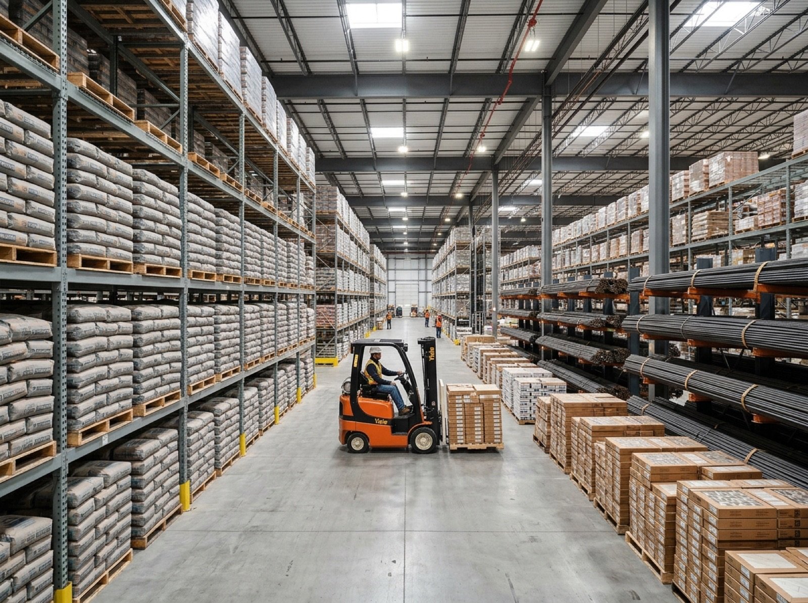 Organised warehouse stocked with cement bags, steel rebar and tile boxes