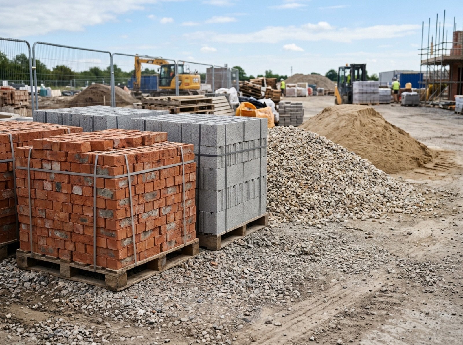 Pallets of red bricks and concrete blocks beside gravel and sand