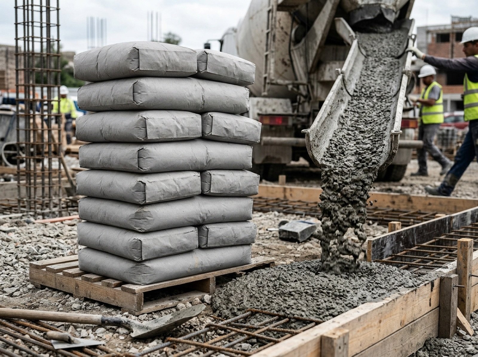 Stacked cement bags and fresh concrete being poured