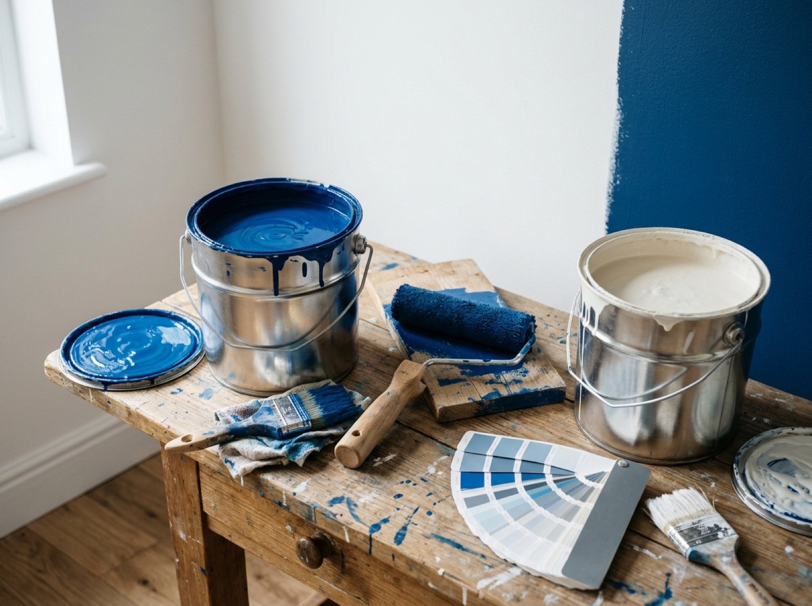 Paint buckets, roller, brushes and colour swatches