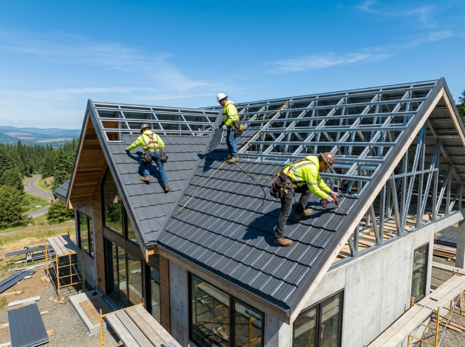 Workers installing metal roof tiles on light steel trusses