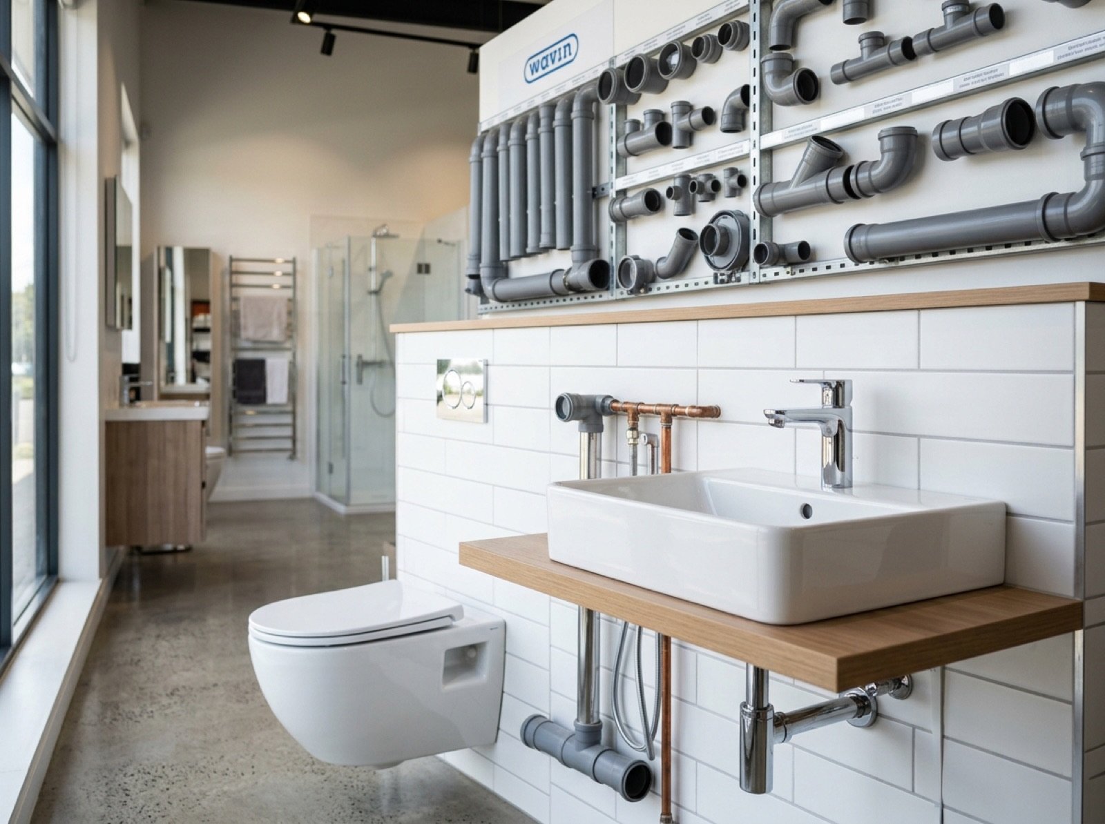 Modern washbasin, toilet and plumbing pipes in a showroom