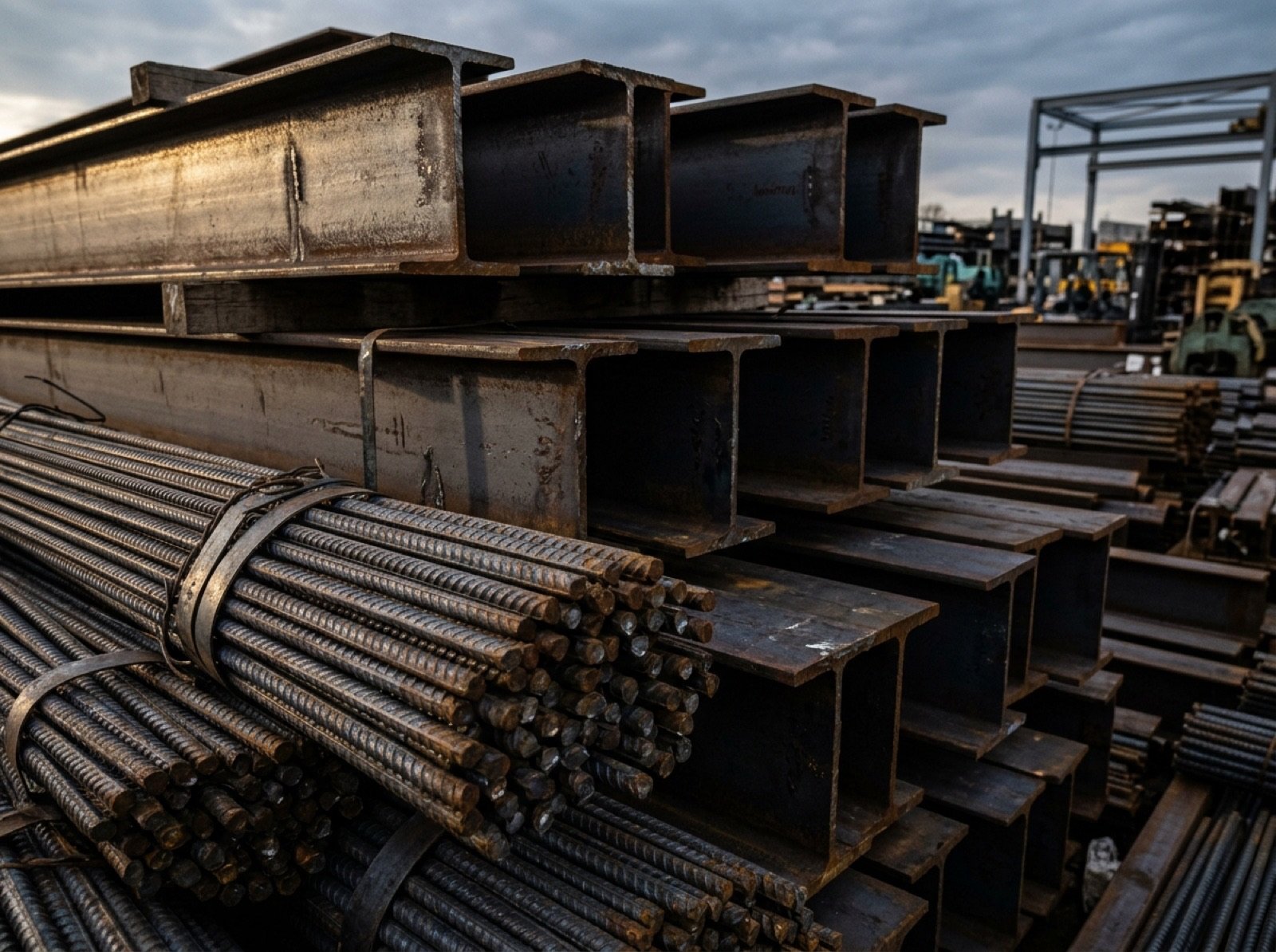 Bundles of steel rebar and I-beams
