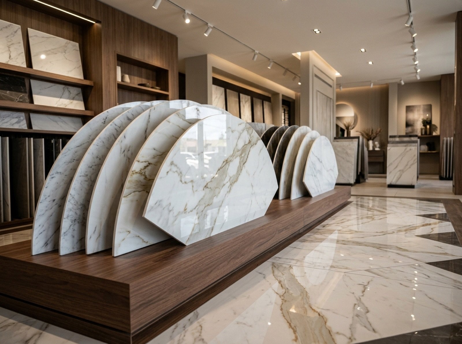 Marble-look porcelain tiles in a showroom