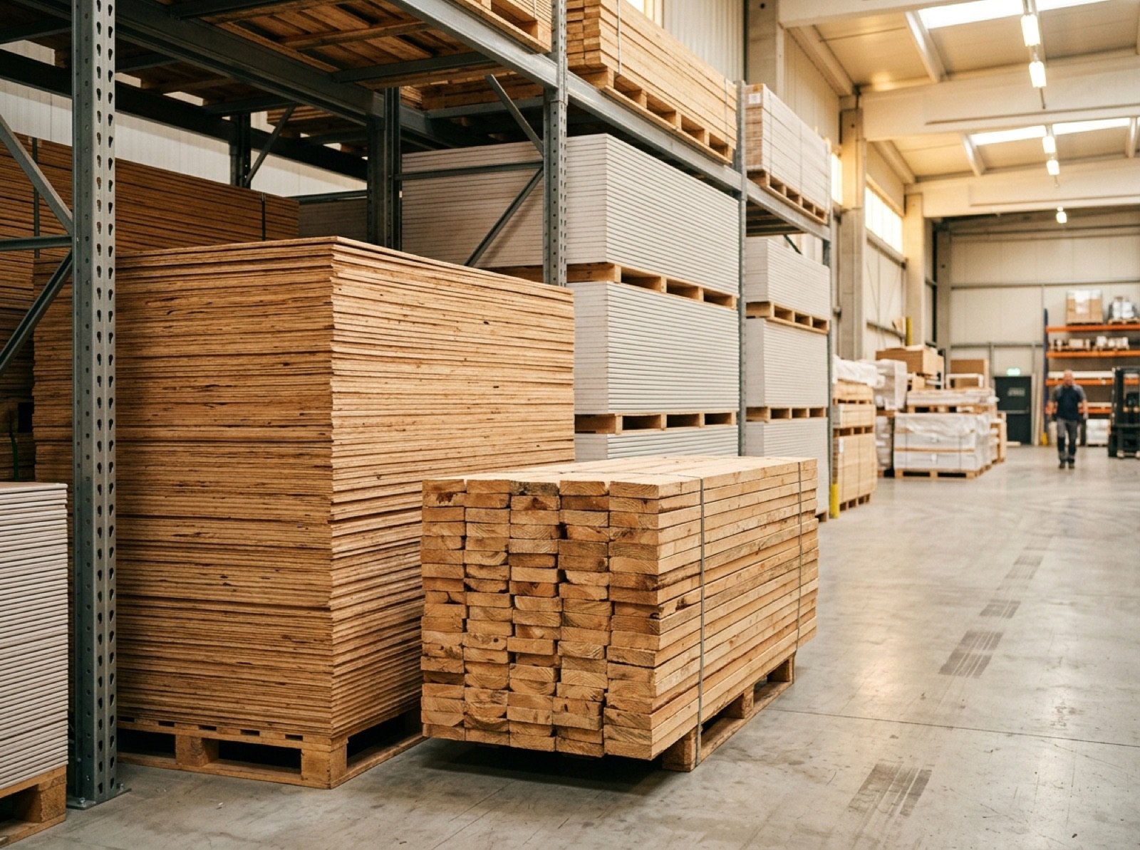 Stacks of plywood, timber and gypsum boards in a warehouse