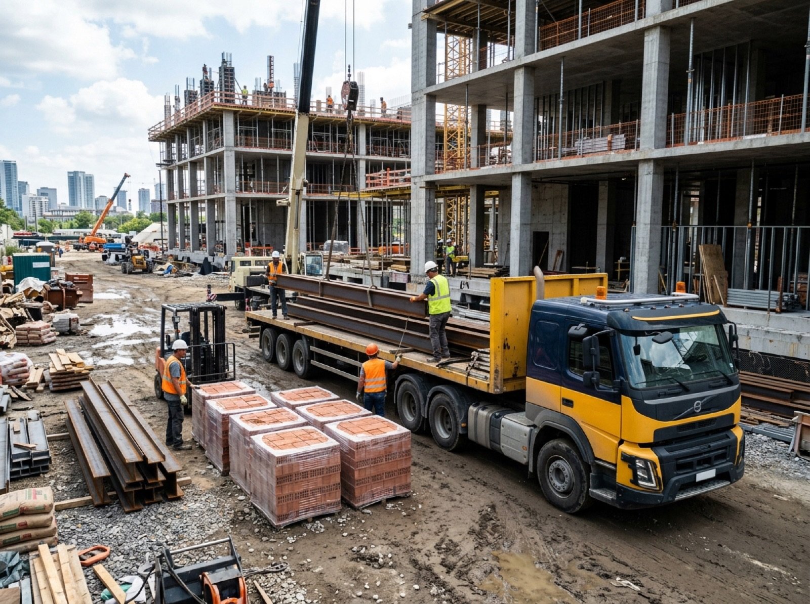 Truck unloading steel beams and bricks at a construction site